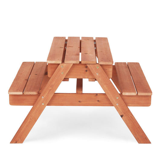 Teamson Kids Outdoor Wooden Picnic Table with 2 Sensory Bins for Sand/Water Play Plus Accessories, Warm Cherry