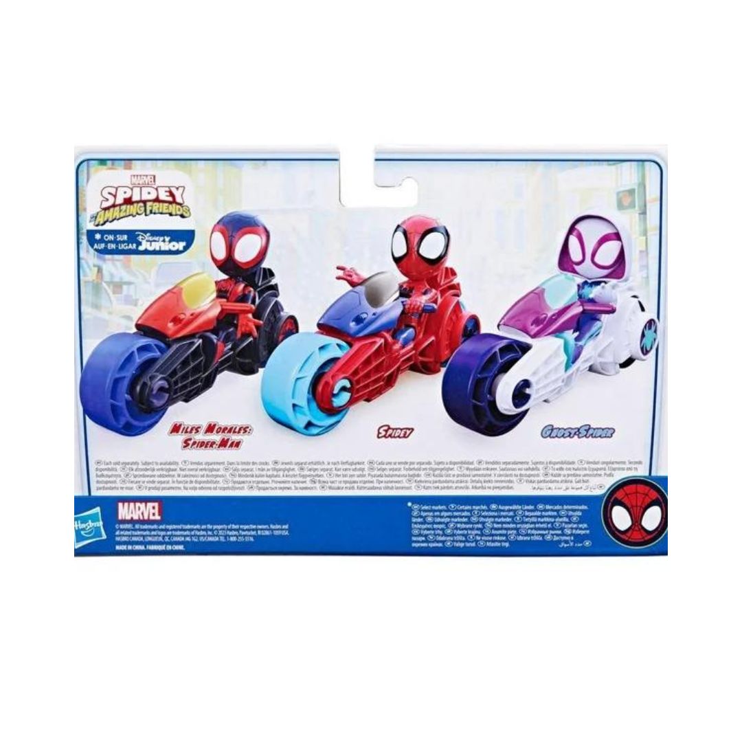 Back packaging view thumbnail showing collectible Miles Morales, Spidey, and Ghost-Spider motorcycle vehicle sets.