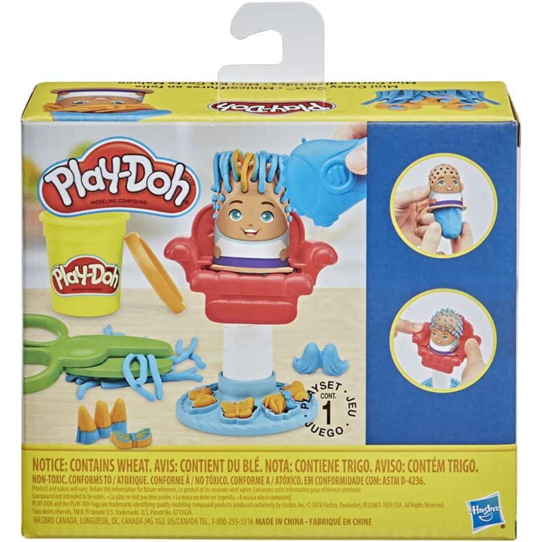 Back packaging thumbnail of the Play-Doh Mini Crazy Cuts set illustrating how to push down the chair and trim hair.