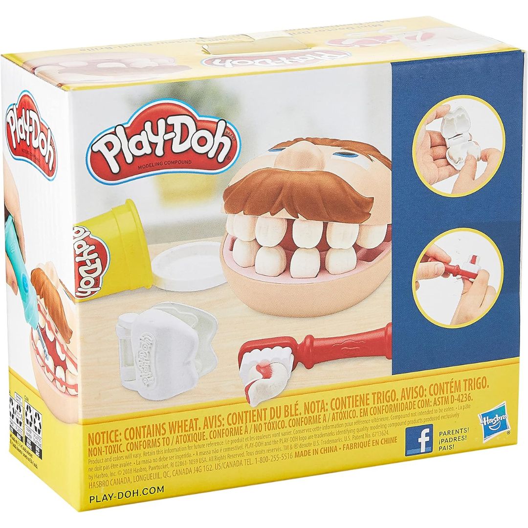 Back packaging thumbnail of the Play-Doh Mini Doctor Drill 'n Fill set illustrating how to mold teeth, drill cavities, and brush.