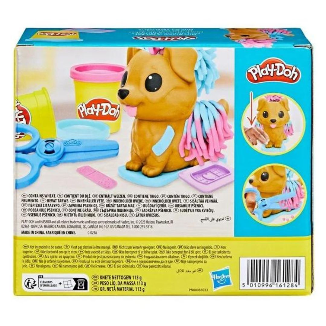 Back packaging thumbnail of the Play-Doh Mini Groom 'n Vet set illustrating how to grow dog fur, trim with scissors, and apply pretend bandages.