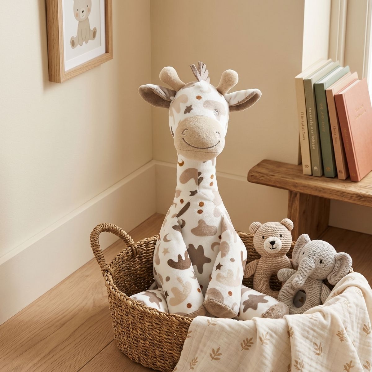 Giraffe Gino plush toy sitting in a woven nursery basket next to baby blankets and other small toys.