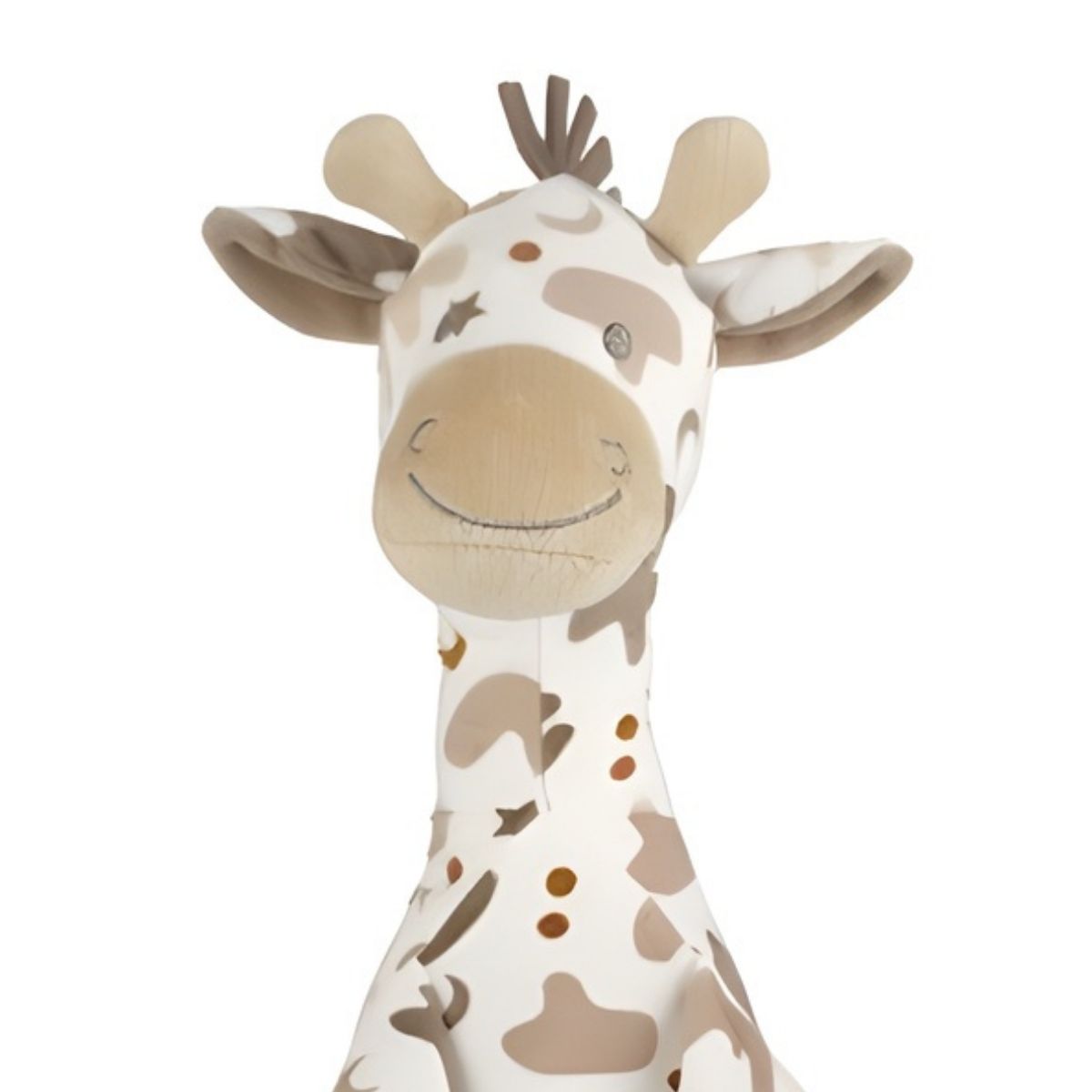Close-up of the Happy Horse Giraffe Gino plush highlighting its sweet embroidered smile, soft horns, and tan snout.