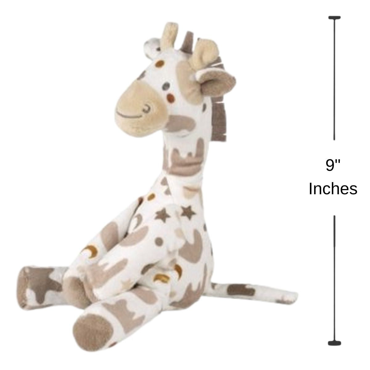 Happy Horse Giraffe Gino plush sitting down with a 9-inch height indicator graphic next to it.