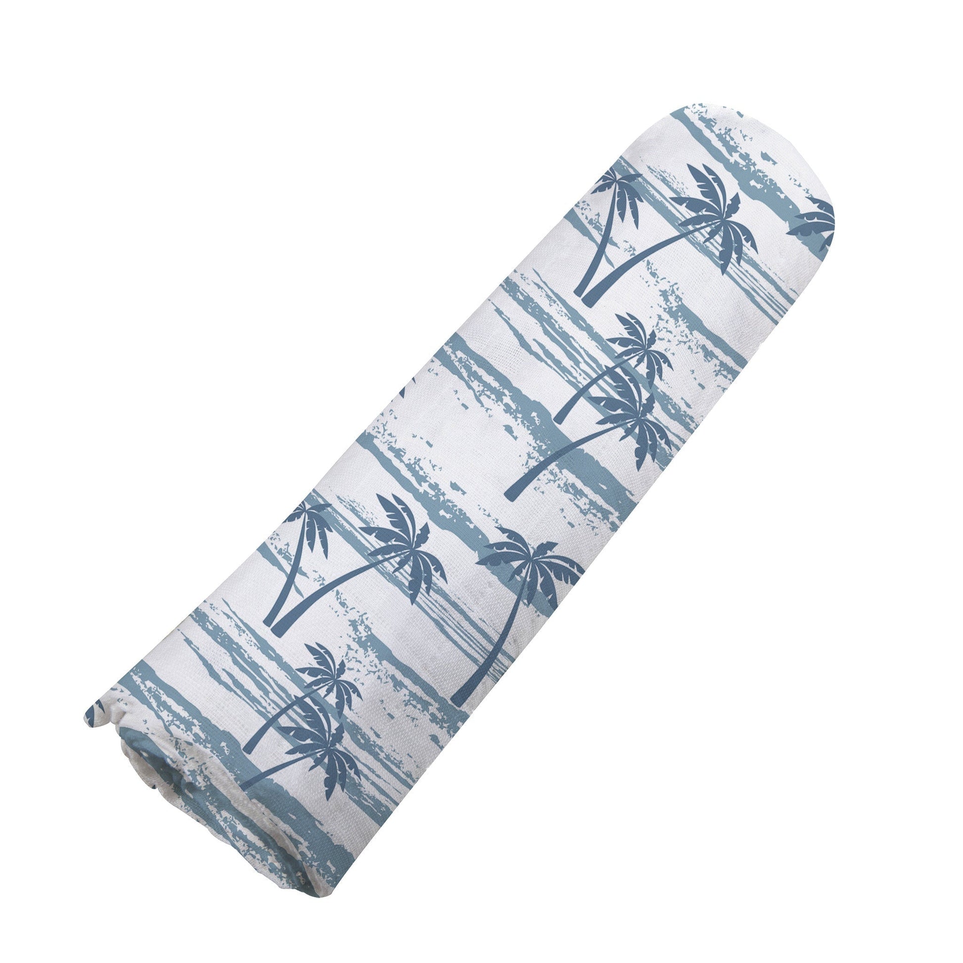 Angled view of the Ocean Palm Trees bamboo muslin swaddle blanket neatly rolled up into a cylinder.