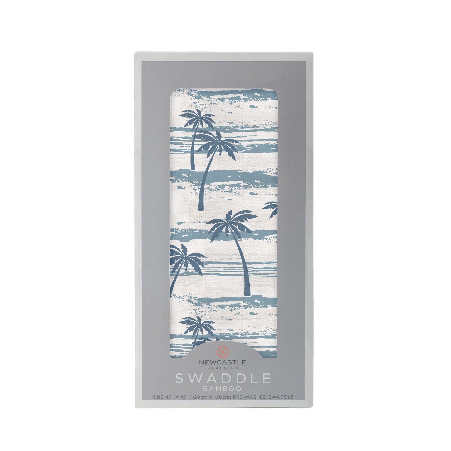 Straight front view of the packaged Ocean Palm Trees baby swaddle blanket inside a grey Newcastle Classics display box.