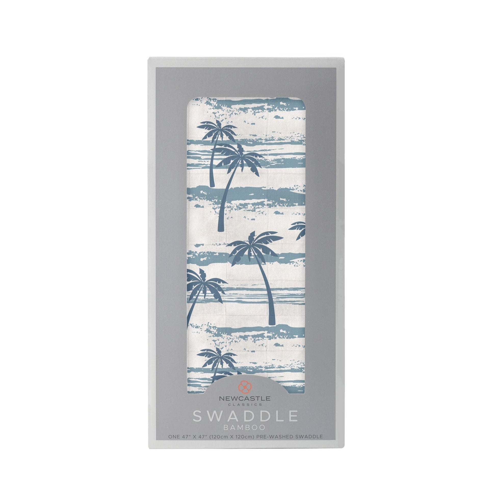 Straight front view of the packaged Ocean Palm Trees baby swaddle blanket inside a grey Newcastle Classics display box.