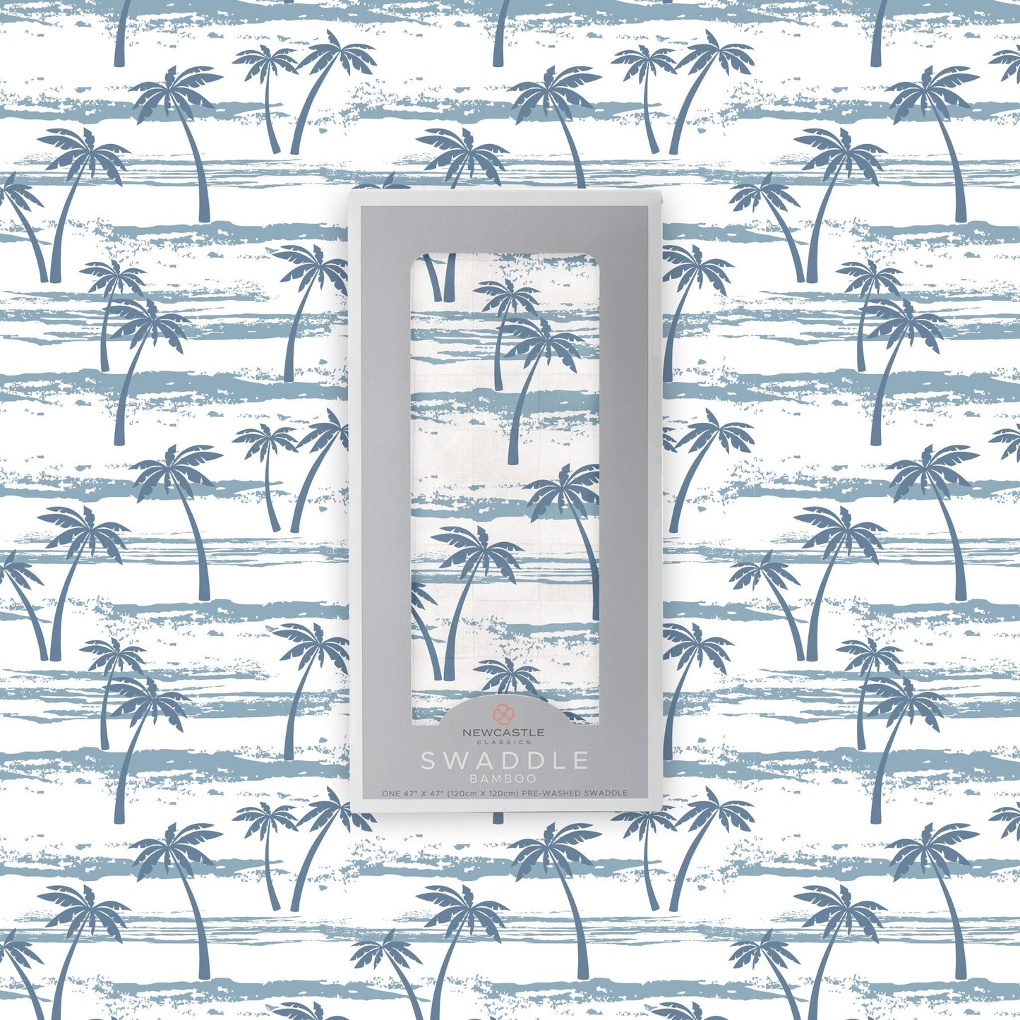 Flat lay of the Newcastle Classics Ocean Palm Trees bamboo muslin swaddle blanket shown with its branded grey packaging box in the center against a matching palm tree pattern background.
