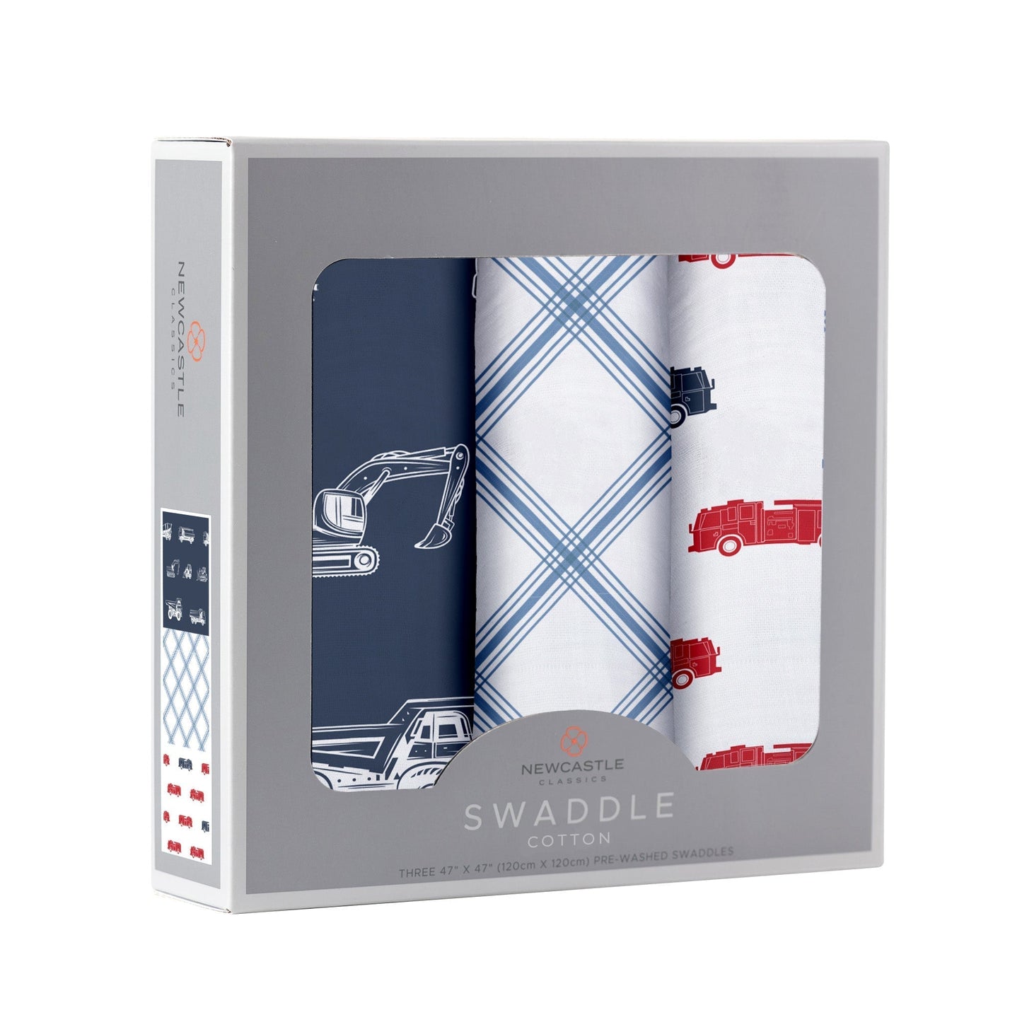Angled front view of the Newcastle Classics 3-pack swaddle blanket set folded inside a grey window display box.