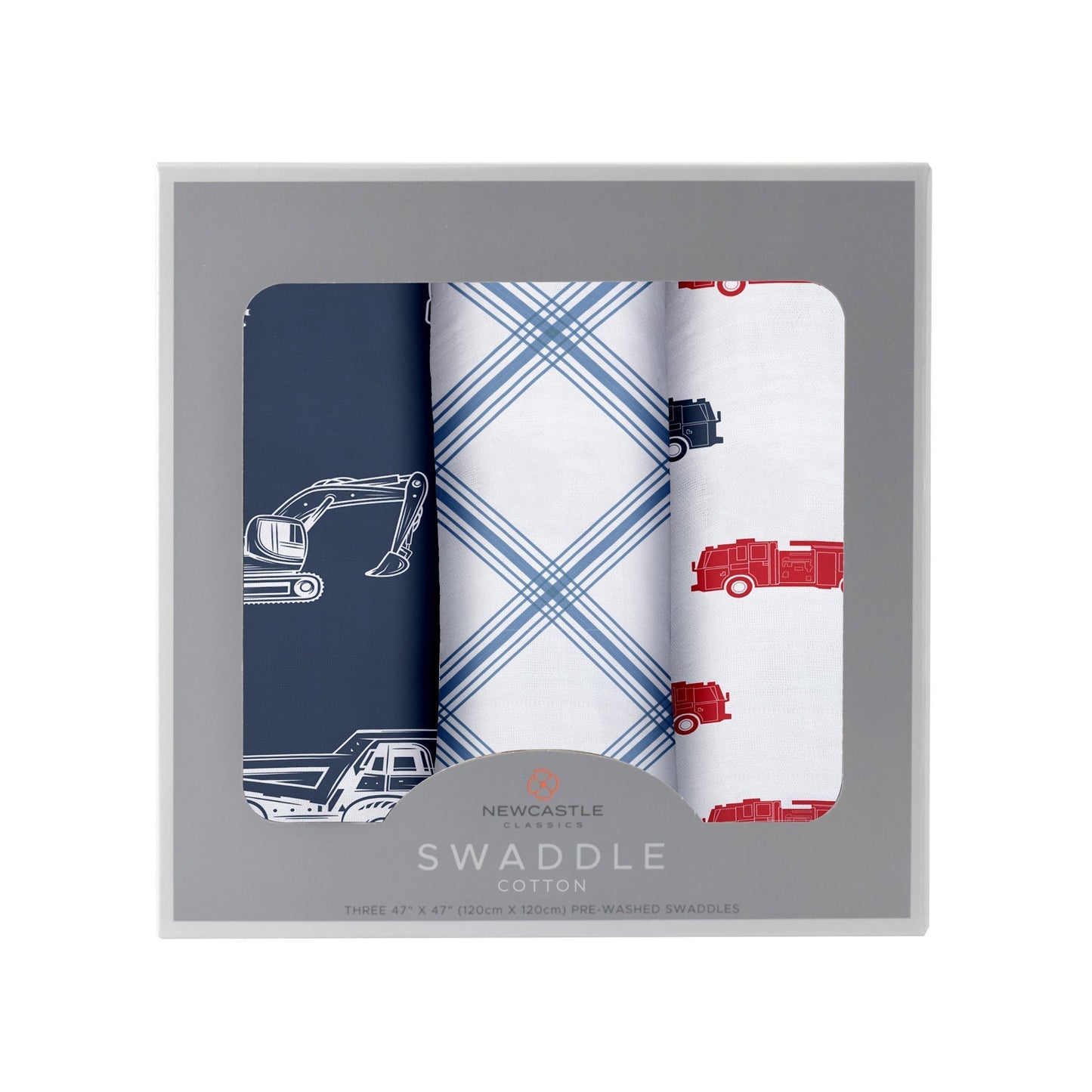 Straight front view of the packaged Things That Go baby swaddle blankets in a grey Newcastle Classics 3-pack box.