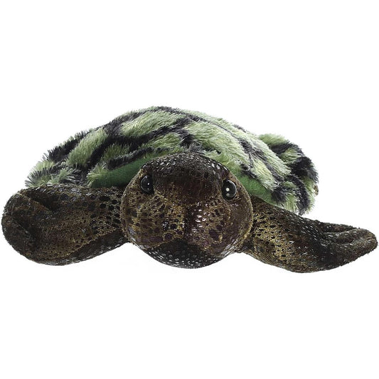 Straight front view of the sea turtle plush resting flat on its belly, showing its sweet face and front flippers spread out.