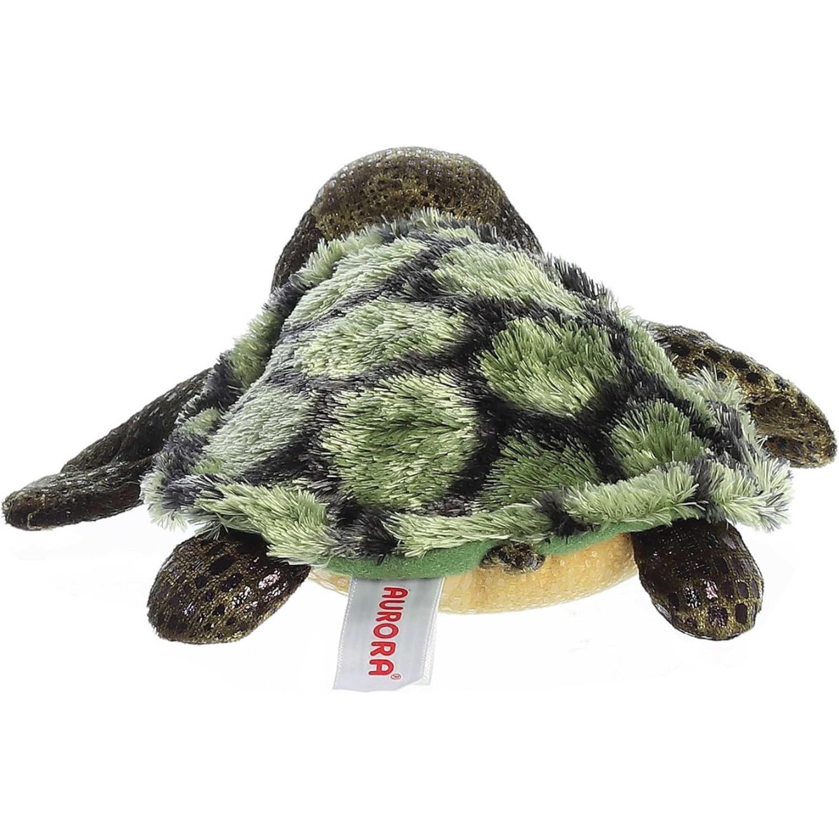 Angled back view of the Splish-Splash Sea Turtle stuffed animal highlighting the intricate pattern on its soft green and black shell.