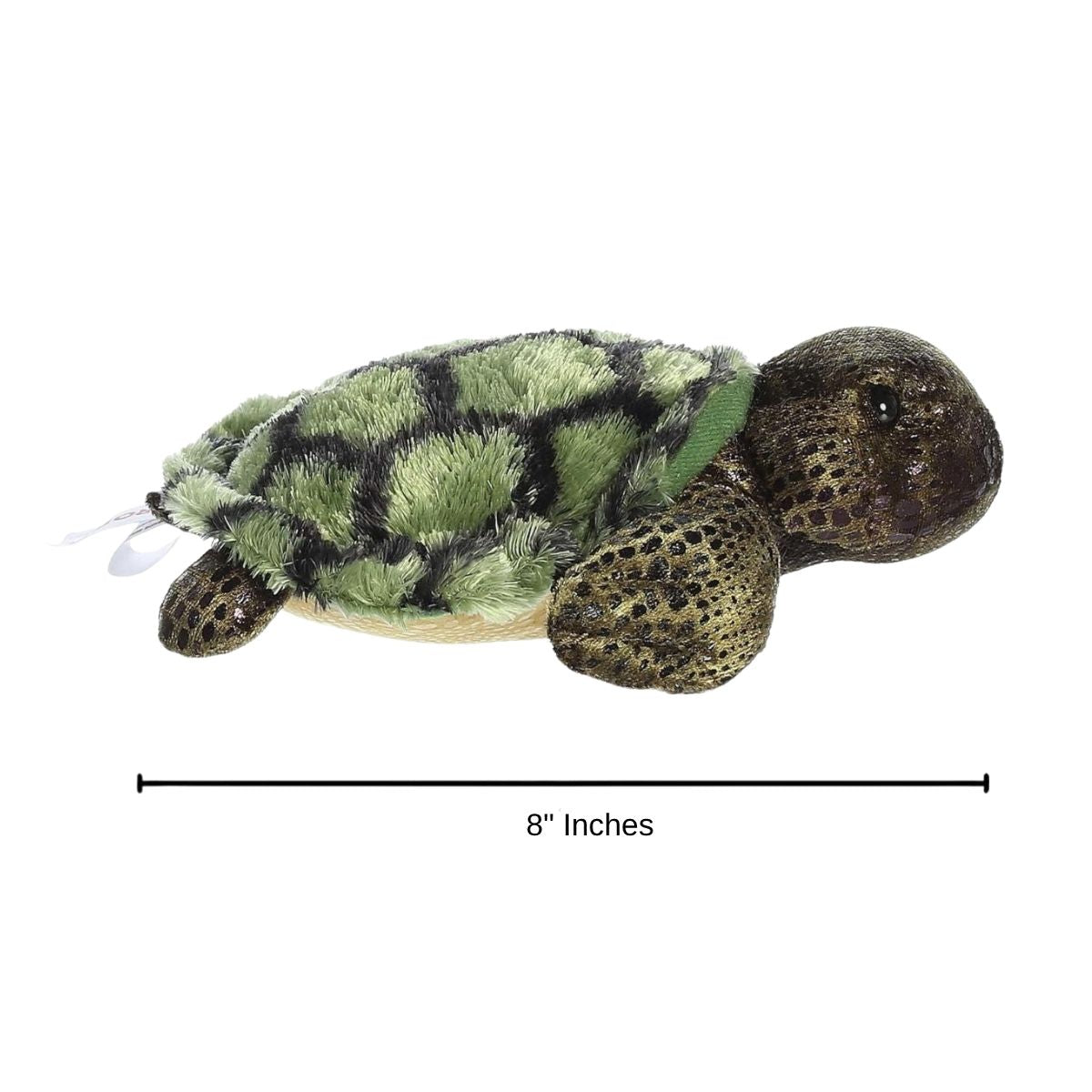 Side profile view of the sea turtle plush resting flat alongside a measurement line indicating its 8-inch length.