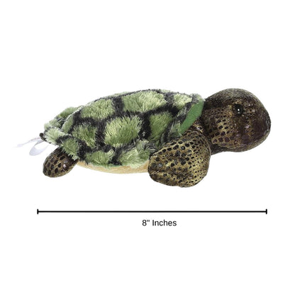 Side profile view of the sea turtle plush resting flat alongside a measurement line indicating its 8-inch length.
