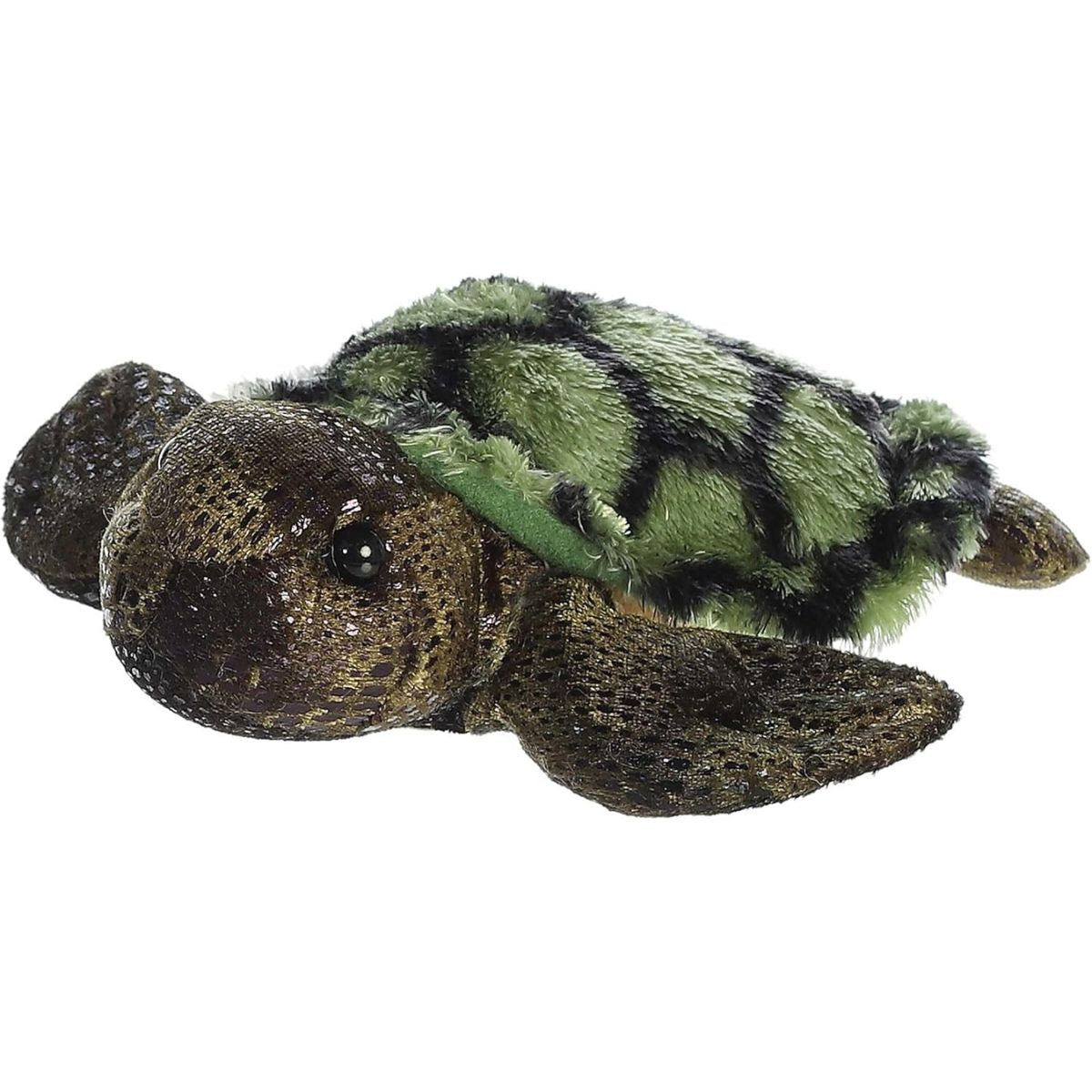 Angled side view of the 8-inch Aurora Mini Flopsie Splish-Splash Sea Turtle plush featuring a green patterned shell and dark flippers.