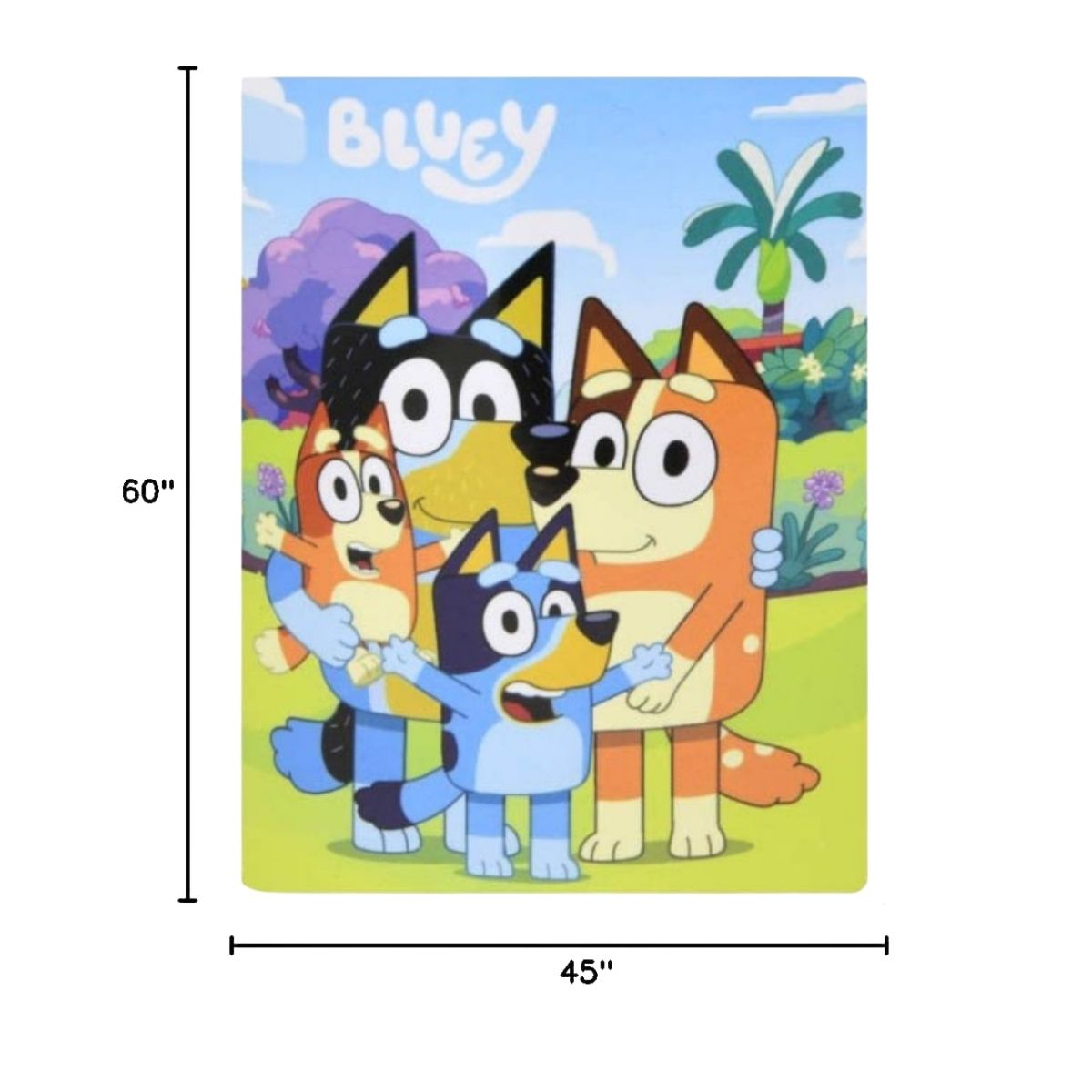 Sizing graphic for the Bluey Happy Family fleece blanket showing the full vibrant outdoor design, indicating a total size of 45 inches wide by 60 inches long.