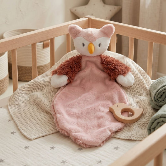 The Happy Horse Owl Olivia plush lovey resting in a wooden crib on top of a soft textured blanket.