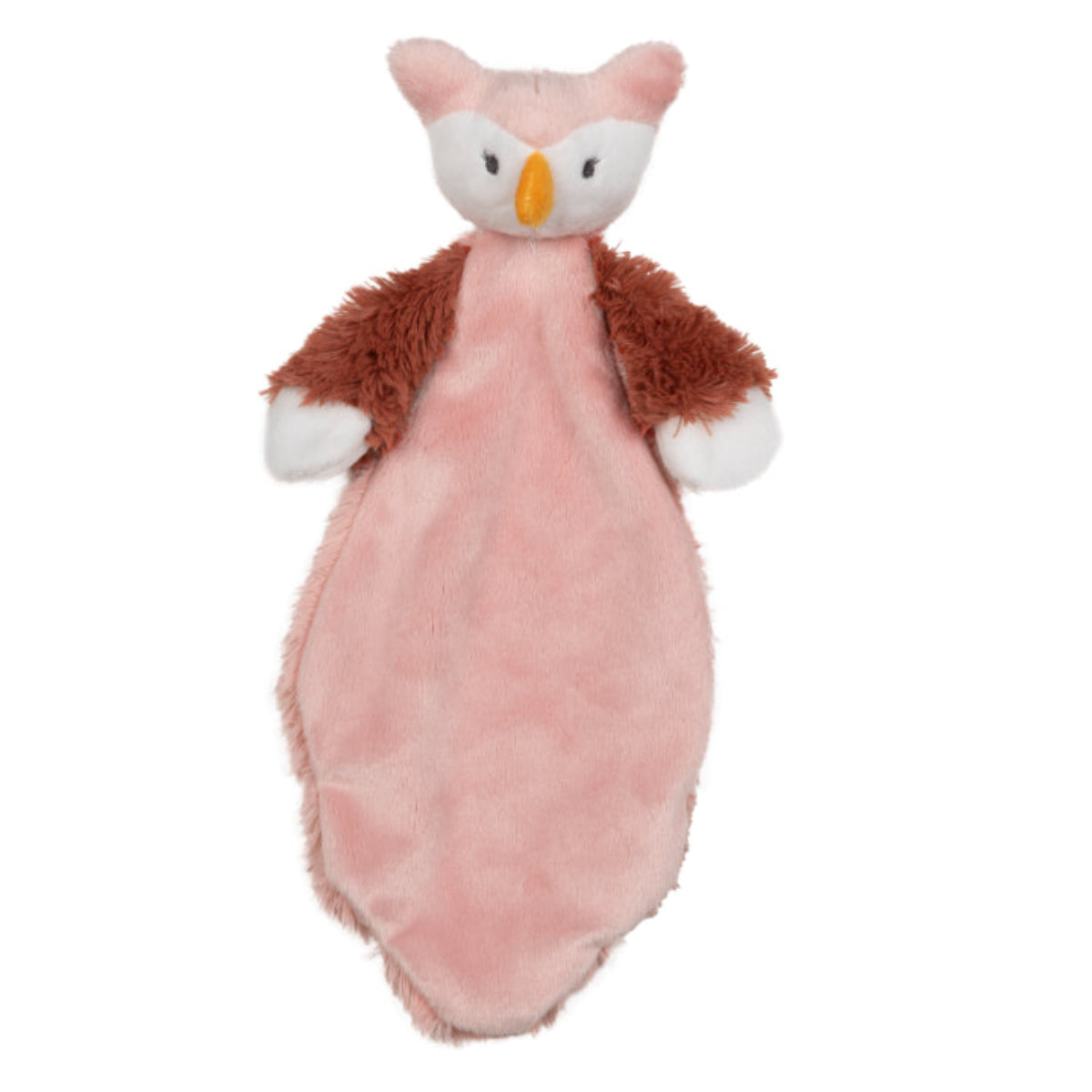 Happy Horse Owl Olivia pink plush security tuttle blanket with brown wings on a white background.