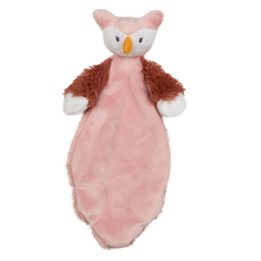 Happy Horse Owl Olivia pink plush security tuttle blanket with brown wings on a white background.