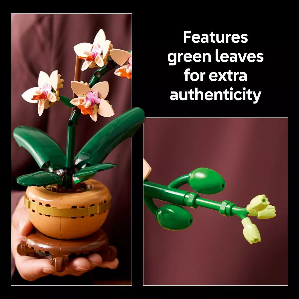 Toy orchid plant with green leaves held by a hand against a dark background