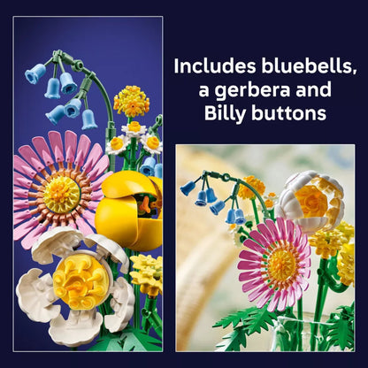 Colorful floral LEGO set with bluebells, a gerbera, and Billy buttons on a dark blue background.