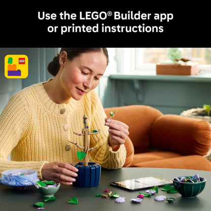 Woman building a LEGO plant pot with text about using the LEGO Builder app or printed instructions.