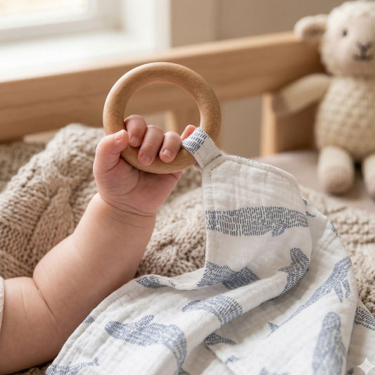 Close-up of a baby's hand holding the natural wood ring of the whale-print muslin blankie teether in a crib.