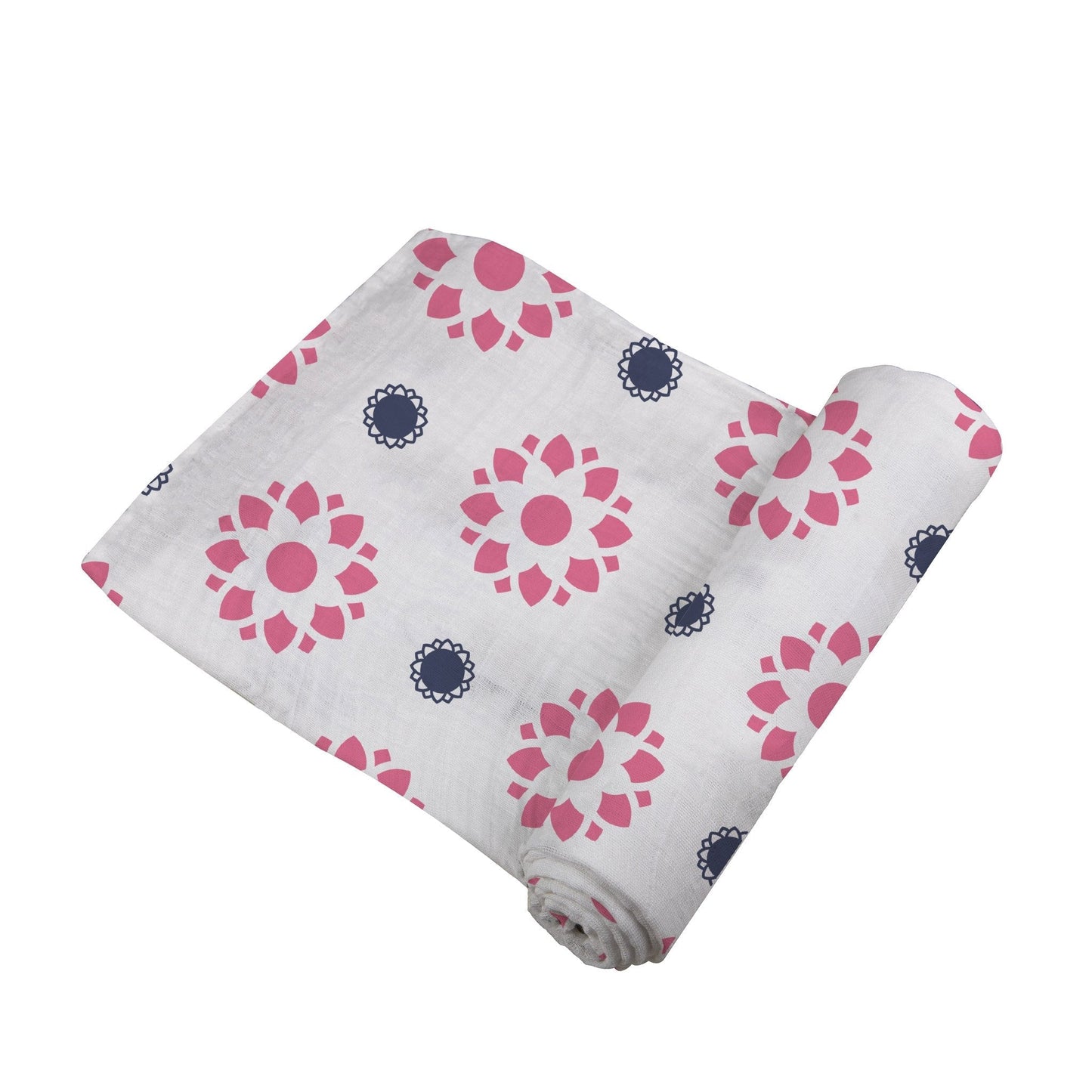 Angled view of the Primrose Indigo swaddle blanket partially unrolled to showcase the pink and blue floral mandala pattern.
