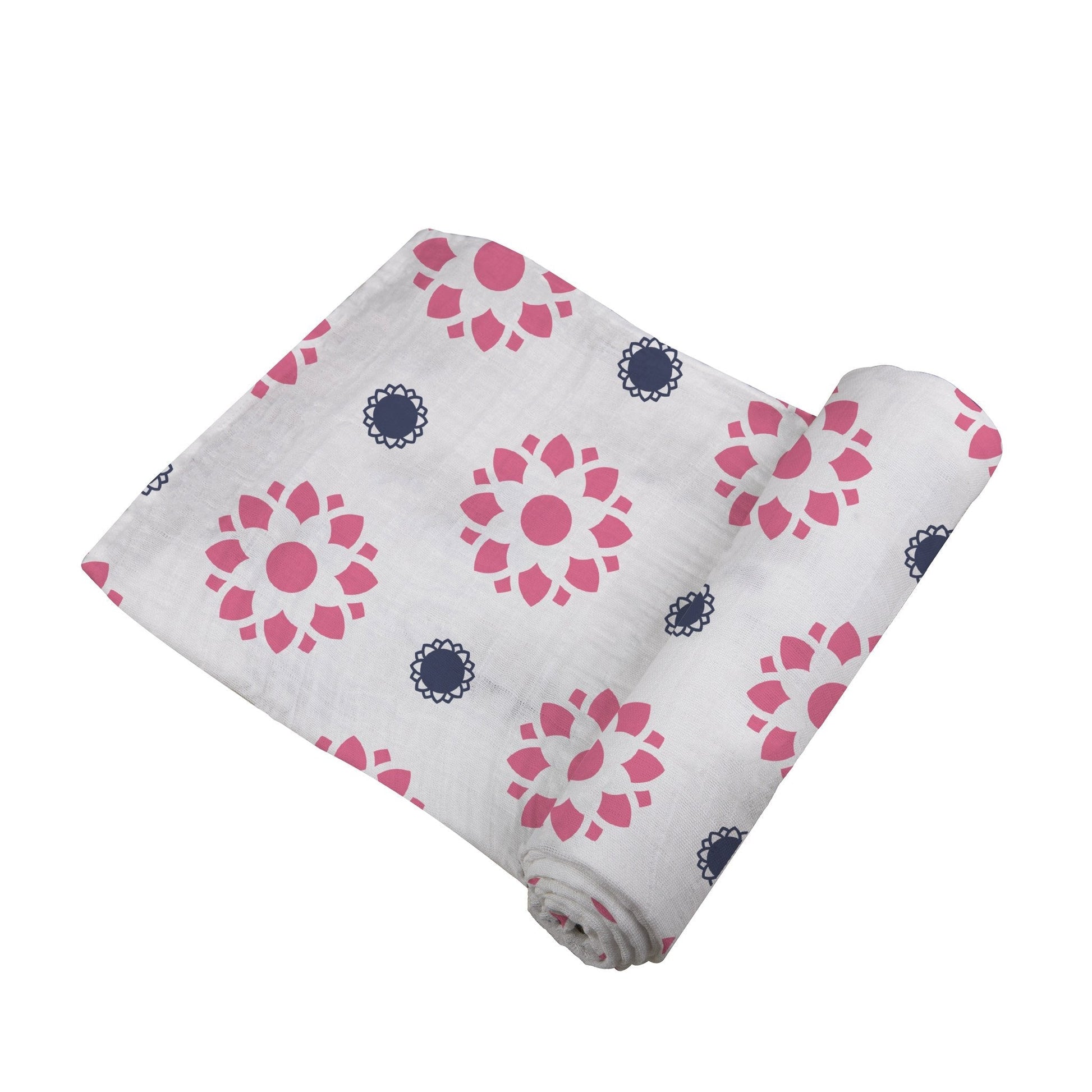 Angled view of the Primrose Indigo swaddle blanket partially unrolled to showcase the pink and blue floral mandala pattern.