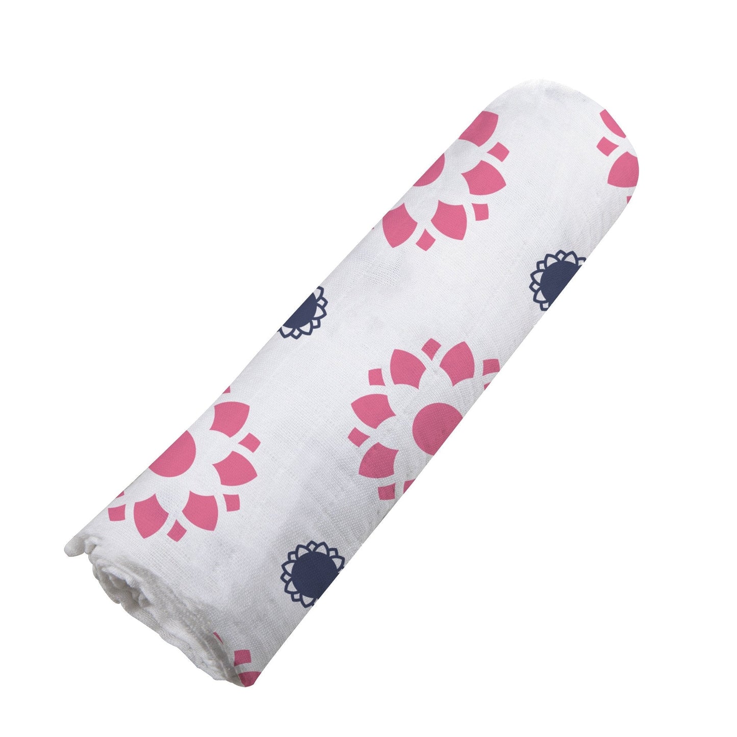 Angled view of the pink and indigo floral print cotton muslin swaddle blanket neatly rolled up.
