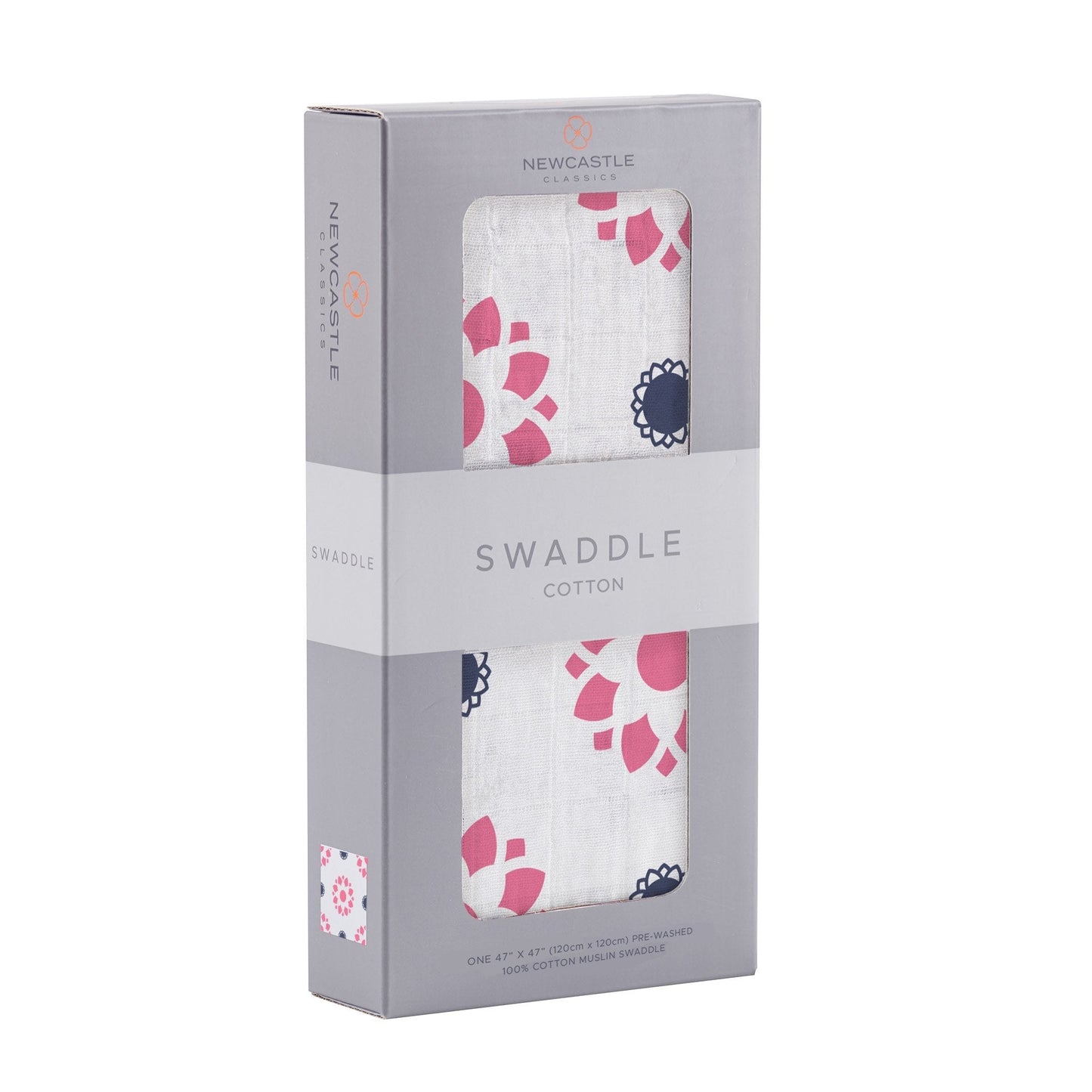 Angled front view of the Newcastle Classics swaddle blanket folded inside a grey window display box.