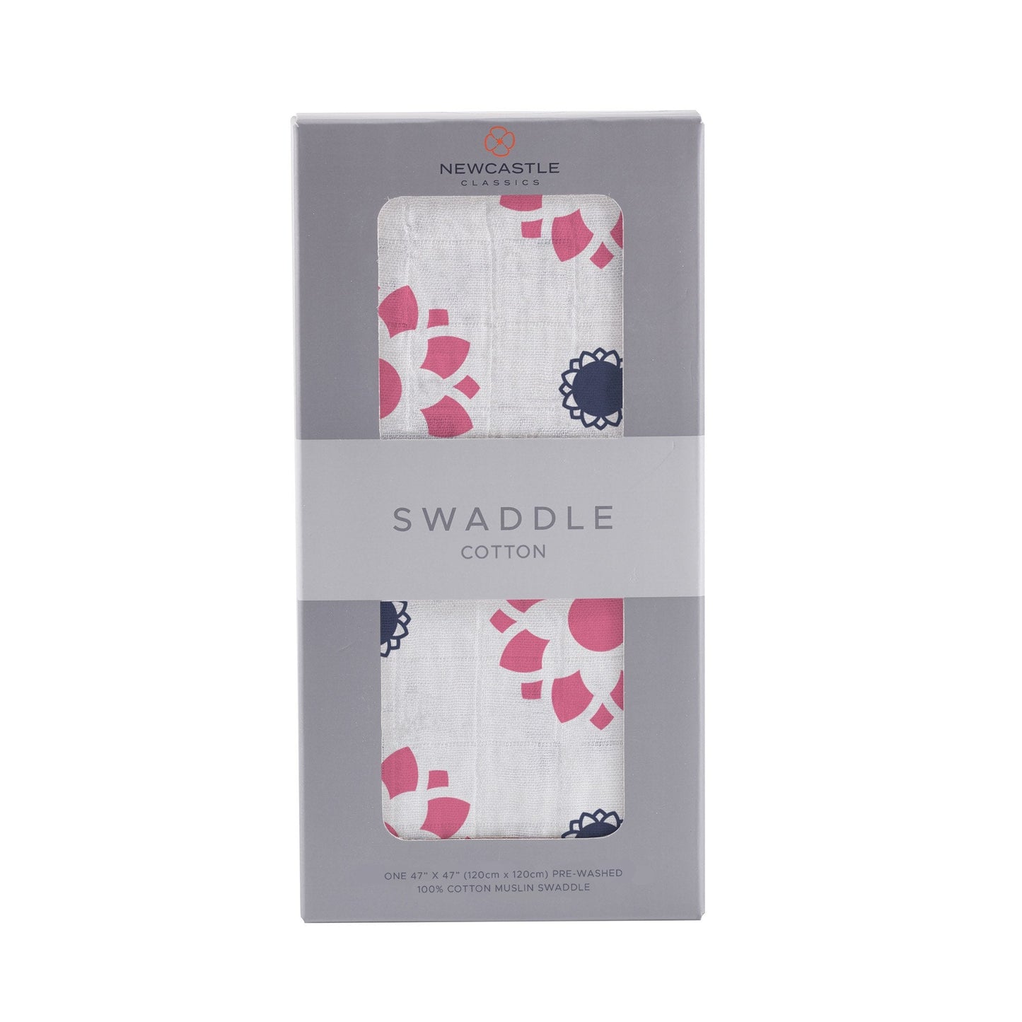 Straight front view of the packaged Primrose Indigo baby swaddle blanket in a Newcastle Classics box.