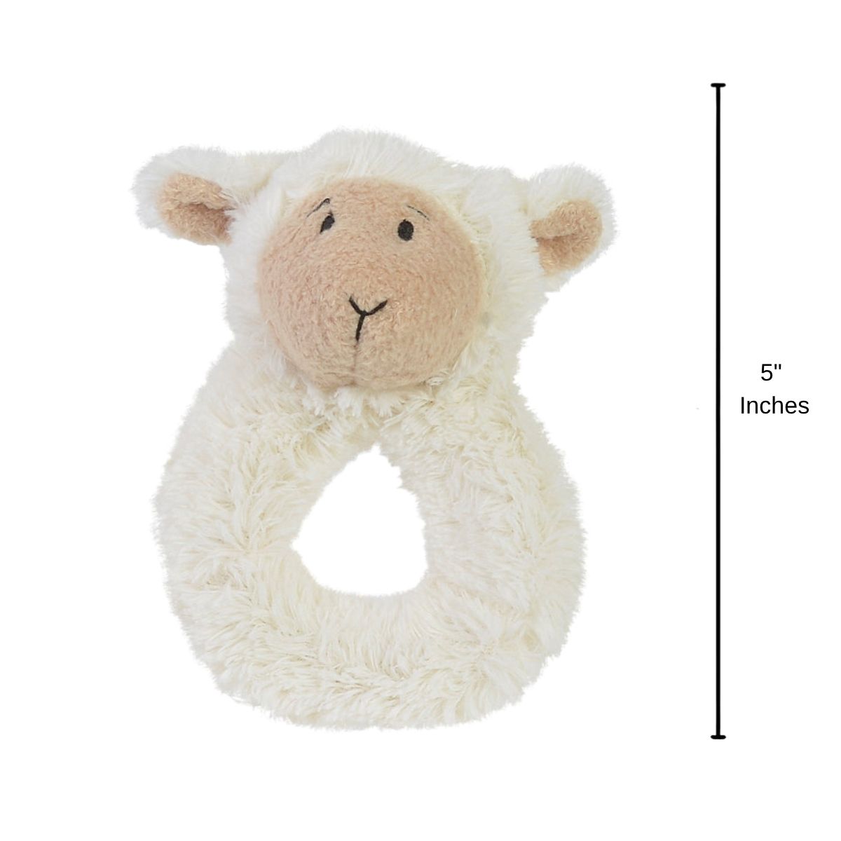 Happy Horse Lammy Lamb plush rattle standing upright with a 5-inch height indicator graphic.
