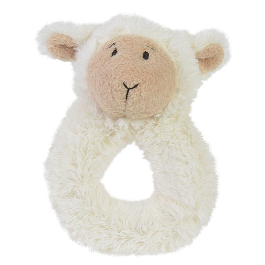 Happy Horse Lammy Lamb soft fluffy cream plush ring rattle with a beige face against a white background.