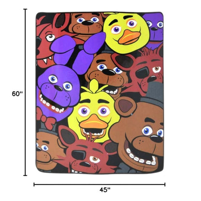 Sizing graphic for the Five Nights at Freddy's blanket showing the full vibrant animatronic character design, indicating a total size of 45 inches wide by 60 inches long.