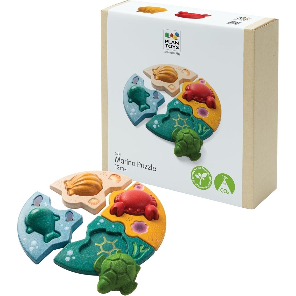 PlanToys® Marine Wooden Sealife Puzzle (Whale, Crab, Turtle and Shell)