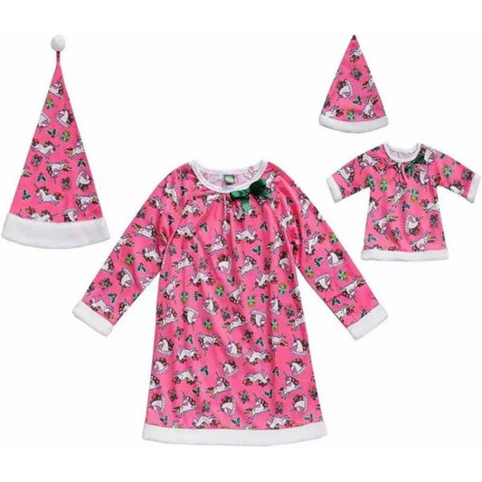 Dollie & Me Girls' "Joyful Unicorn " Christmas Gown Sleepwear Set and Matching Doll PJ Gown Sizes 4-12