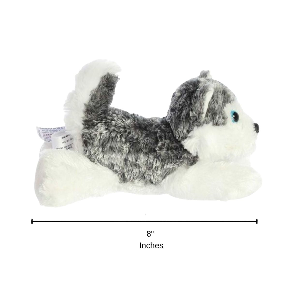 Full side profile of the resting husky dog plush with a dimension line indicating its 8-inch length.