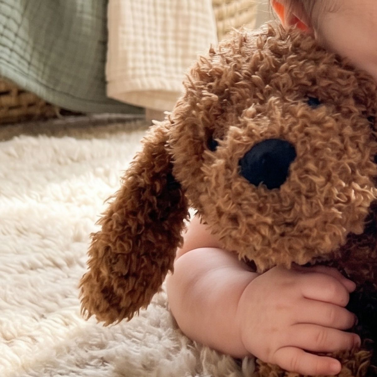 A close-up view of a baby cuddling the soft Happy Horse Labradoodle Larry brown curly puppy plush closely against their cheek.