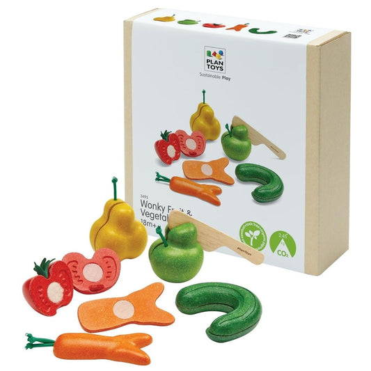 PlanToys® Wonky 5 Sliceable Fruit & Vegetables with Wooden Knife