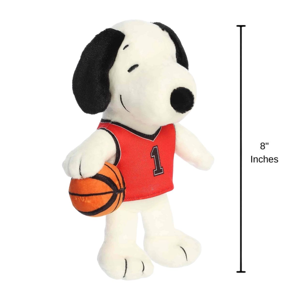 Sizing graphic for the Peanuts Basketball Snoopy plush showing it standing upright, indicating a total height of 8 inches.