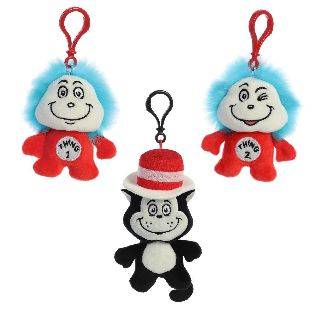 Aurora® Dr. Seuss™ 4" Inch Plush Bag Clip Keychain Set, The Cat In The Hat, Thing 1 & Thing 2