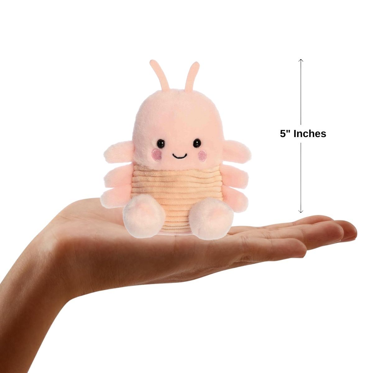 Sizing graphic showing the 5-inch Palm Pals Augustin Shrimp plush sitting perfectly in the palm of a hand to demonstrate its small scale.