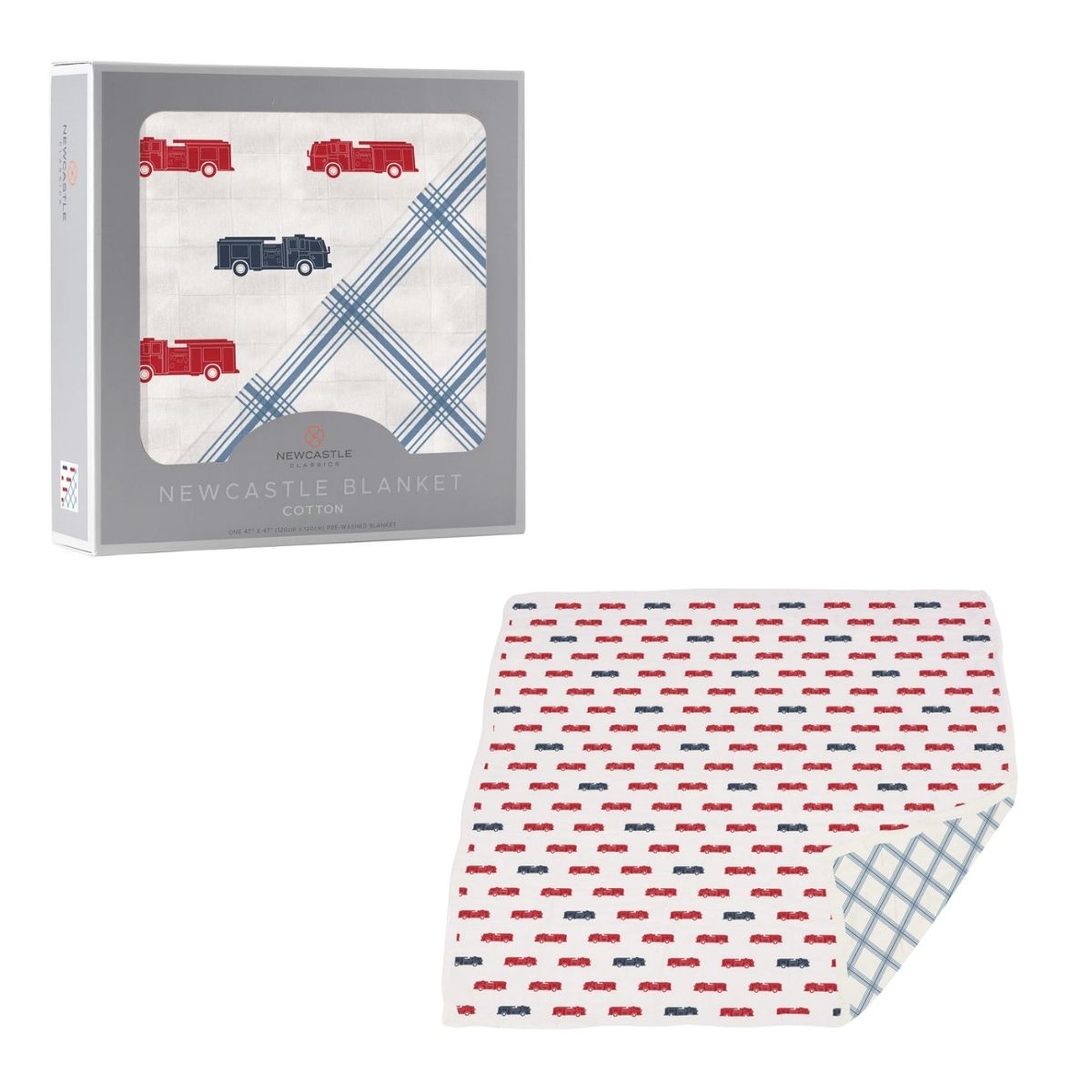 Blue and Red Fire Trucks and Buffalo Check Plaid 100% Natural Cotton Newcastle Blanket
