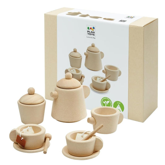 PlanToys® 12 Piece Wooden Kitchen Tea Kettle with 2 Place Settings