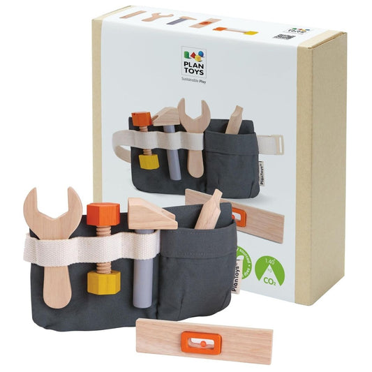 PlanToys®  6 Piece Wooden Tool Belt, Includes, Hammer, Screw & Wrench
