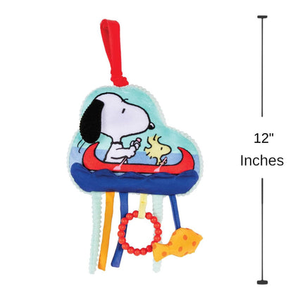 The full length of the Peanuts Snoopy hanging activity toy displayed next to a 12-inch vertical height graphic indicator.