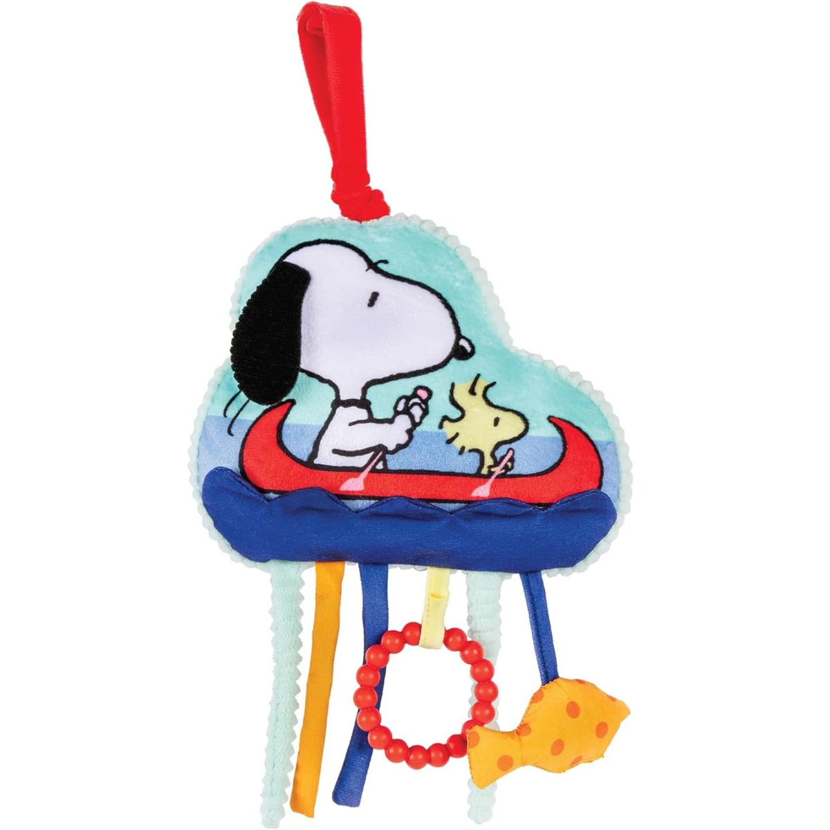 Peanuts Snoopy 12-inch On-the-Go soft activity teether toy featuring Snoopy and Woodstock in a canoe with hanging sensory ribbons and teethers.
