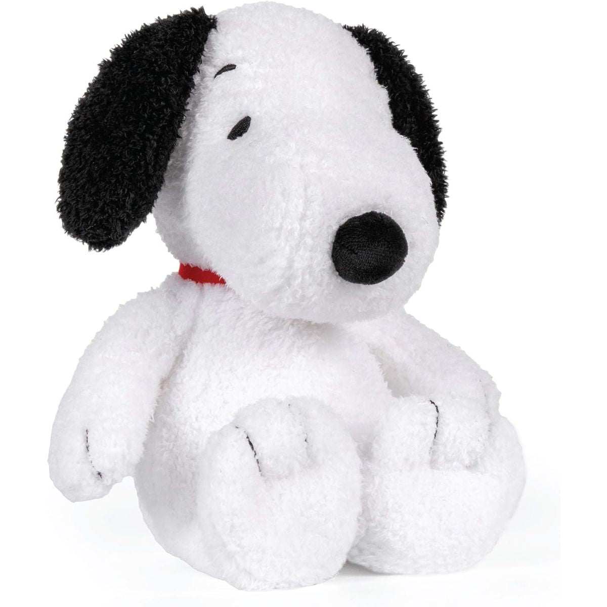 Front view of the Peanuts Cuteeze 12-inch Snoopy plush sitting upright, featuring soft white fur, black floppy ears, and a red collar.