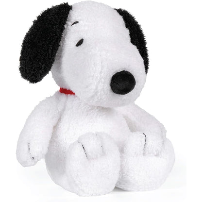 Front view of the Peanuts Cuteeze 12-inch Snoopy plush sitting upright, featuring soft white fur, black floppy ears, and a red collar.